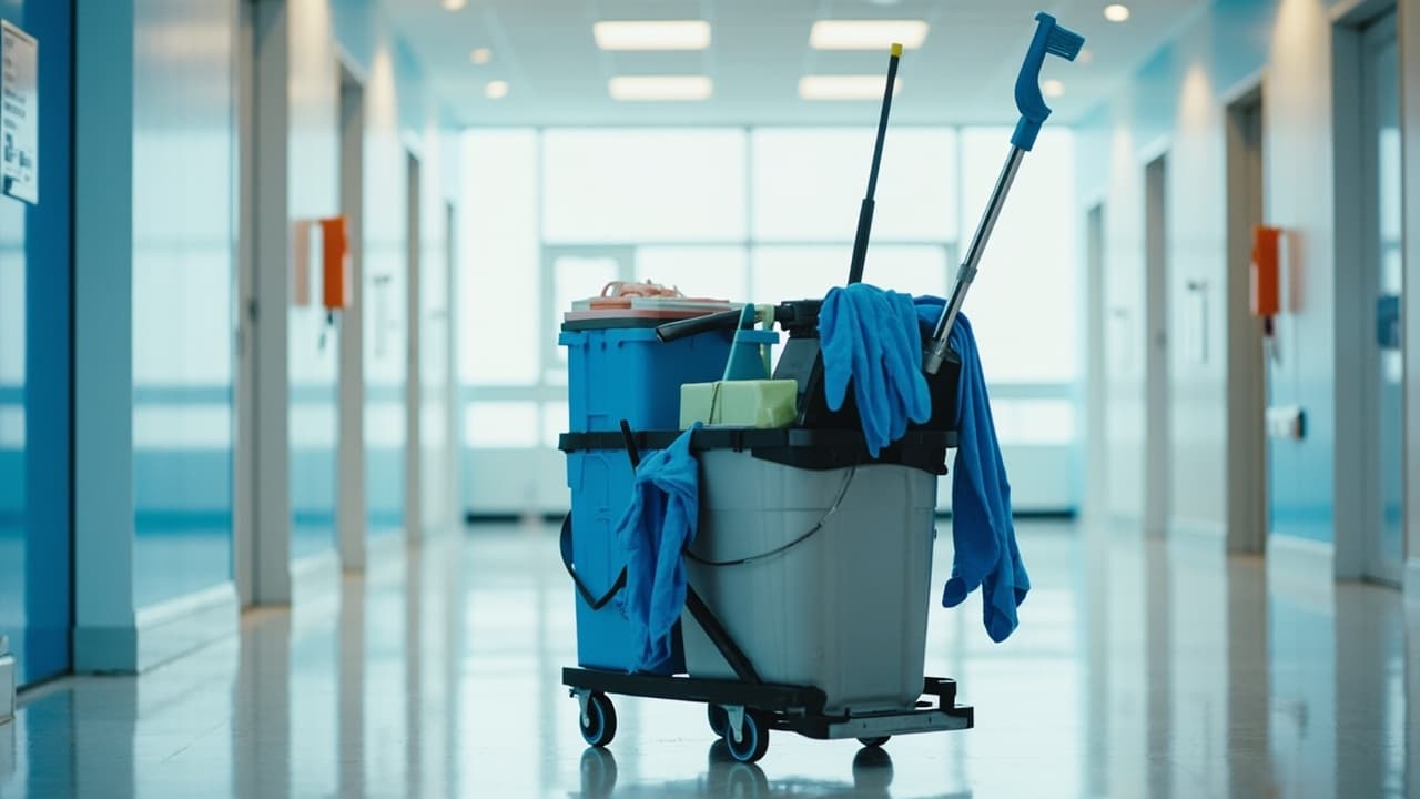 Beispielvisualisierung: Reinigungswagen mit Ausrüstung in einem hellen Büroflur